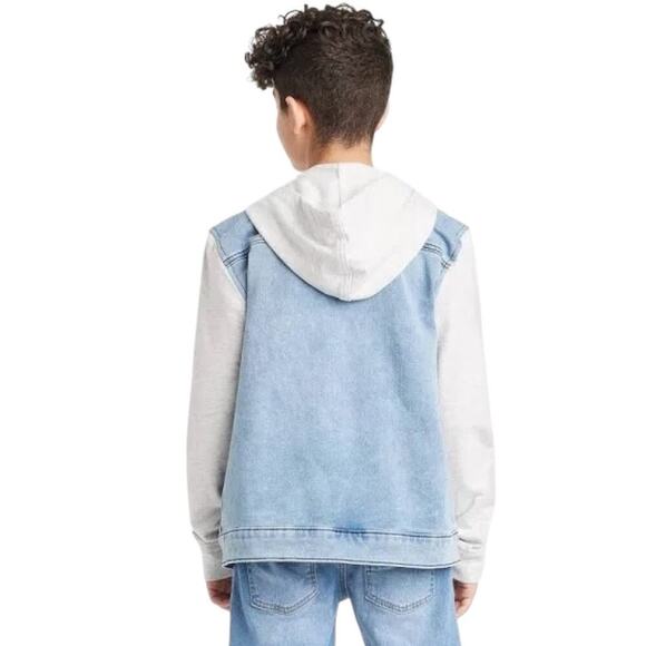 Art Class Light Wash Unisex Denim Button Down Jean Jacket w/ Sweatshirt Hood - Picture 6 of 15